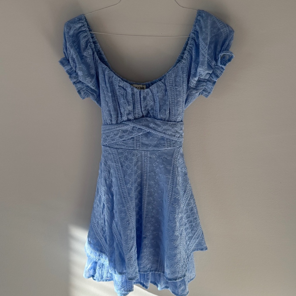 Allison + Kelly Blue Lace Embroidered Puff Sleeve Fit & Flare Mini Dress